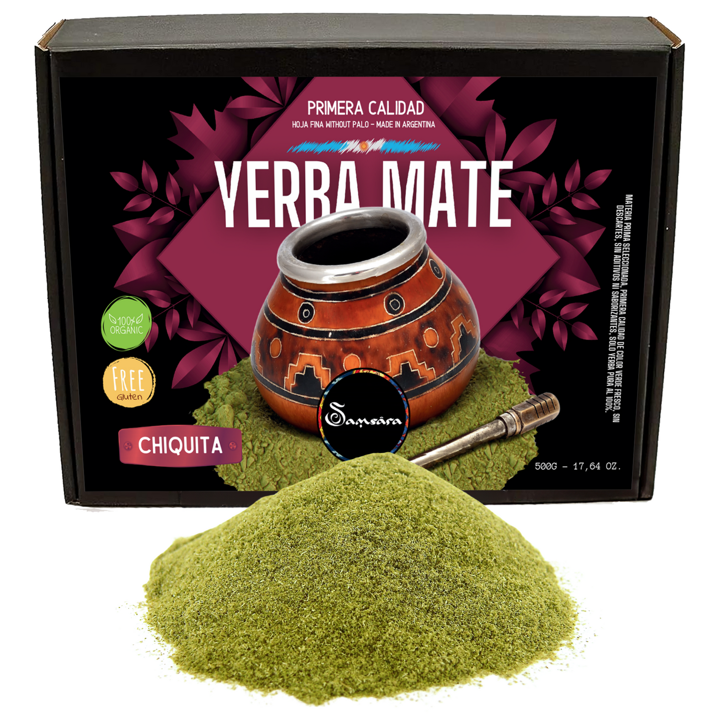 Samsara - Yerba Mate Gluten -free artisan, Chiquita | Fina leaf powder without pole | made in Argentina