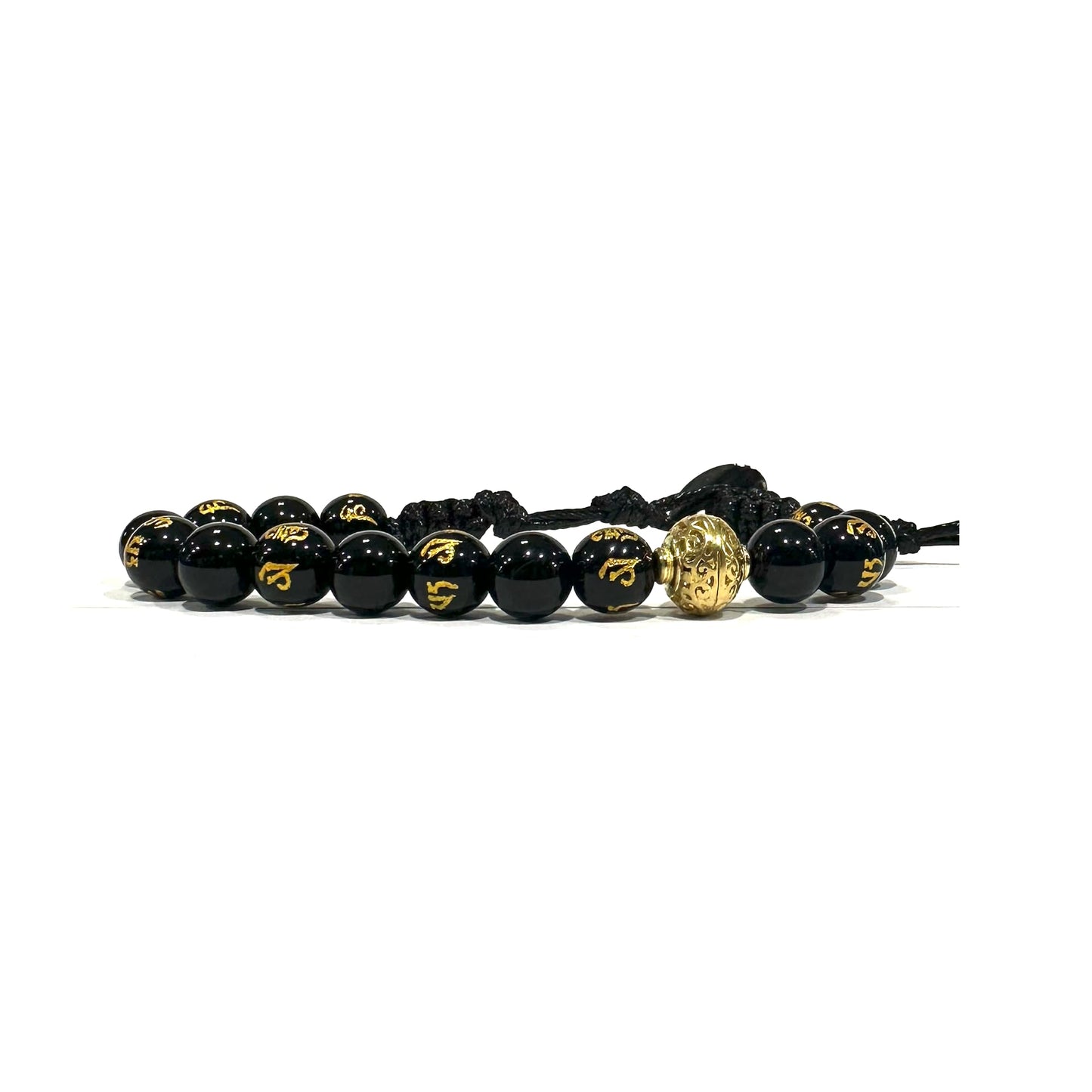 Samsara Bracciale Tibetano Buddista, lunghezza Regolabile, gioiello mistico Portafortuna - Filo in cotone cerato ONICE LUCIDO E MANTRA - SamsaraFragrances