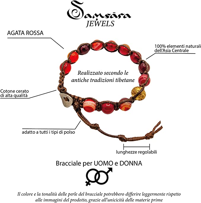 Samsara Bracciale con Agata Rossa Striata - Shamballa Tibetano Buddista - Filo in Cotone Cerato, Vari colori