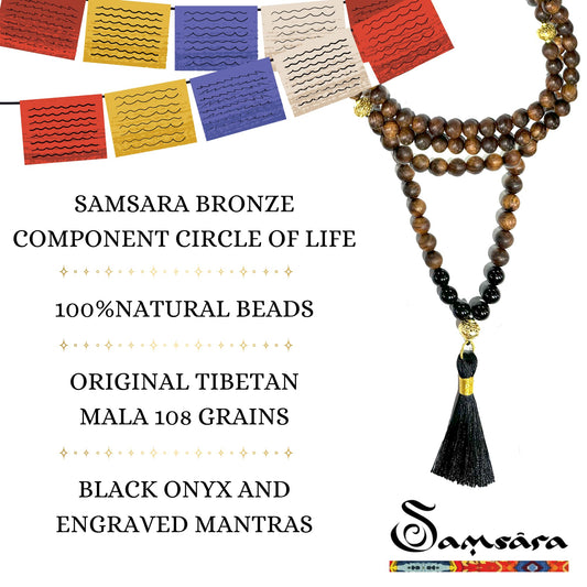 Samsara Collana Tibetana con Legno d'Agar e Onice Nero - Mala Tibetano con 108 Grani, Guru e Nappa - SamsaraFragrances