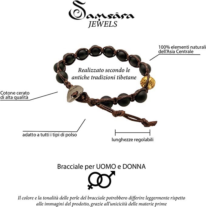 Samsara Bracciale con Tormalina Nera - Shamballa Tibetano Buddista - Filo in Cotone Cerato, Vari colori