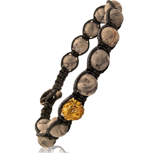 Samsara Bracciale con Agata Fossile - Shamballa Tibetano Buddista - Filo in Cotone Cerato, Vari colori