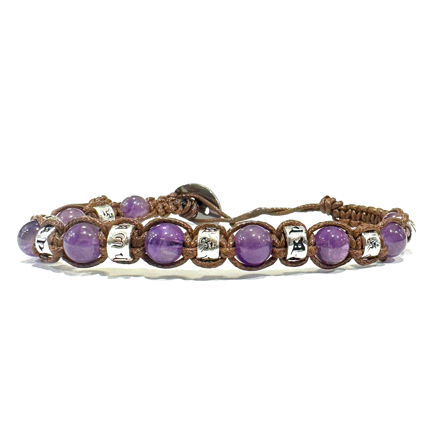 Bracciale Tibetano in Argento 925 e Ametista - Filo in cotone cerato vari colori