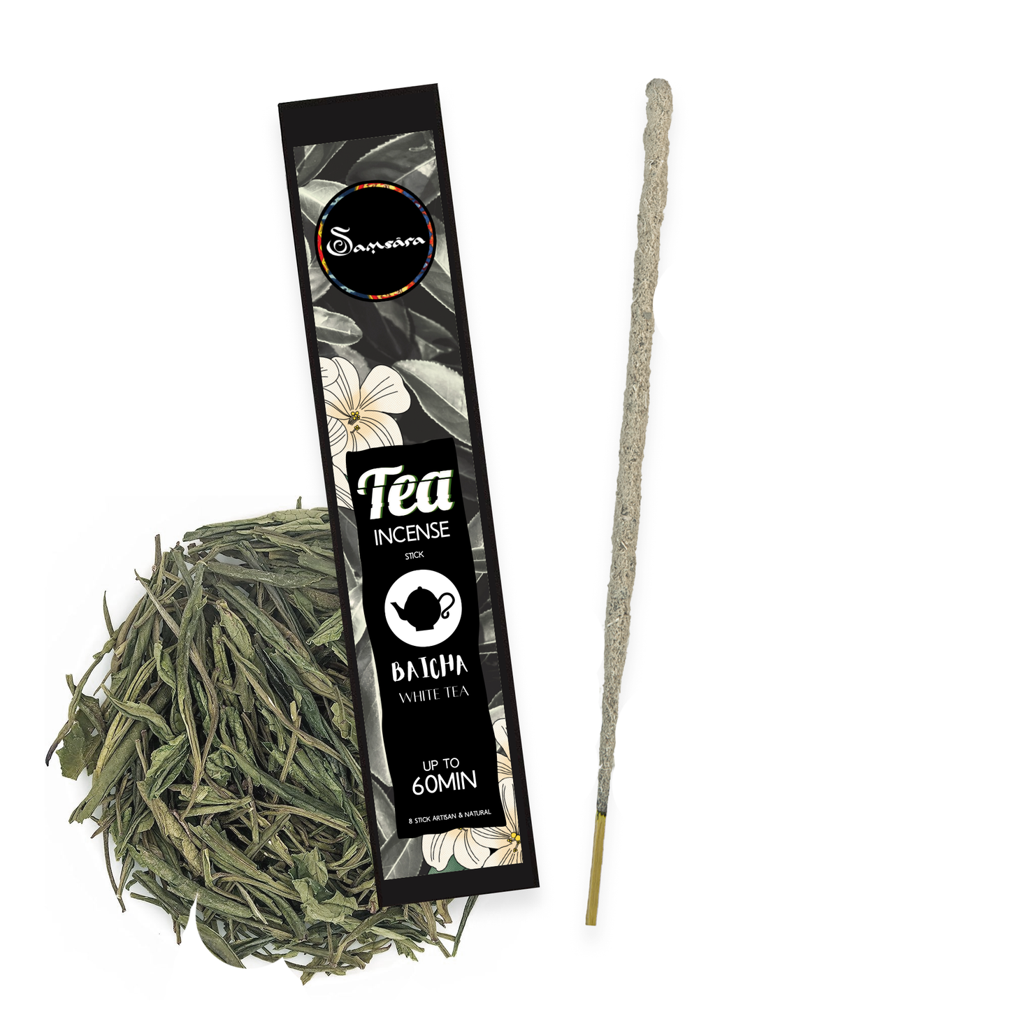 Samsara Incenso a Base di Tè Artigianale in foglie 100% Organico, rituale Cerimonia del Tè - 5 stick extra large 60 minuti ciascuno - Profumo Delicato e Persistente (BAICHA) - SamsaraFragrances