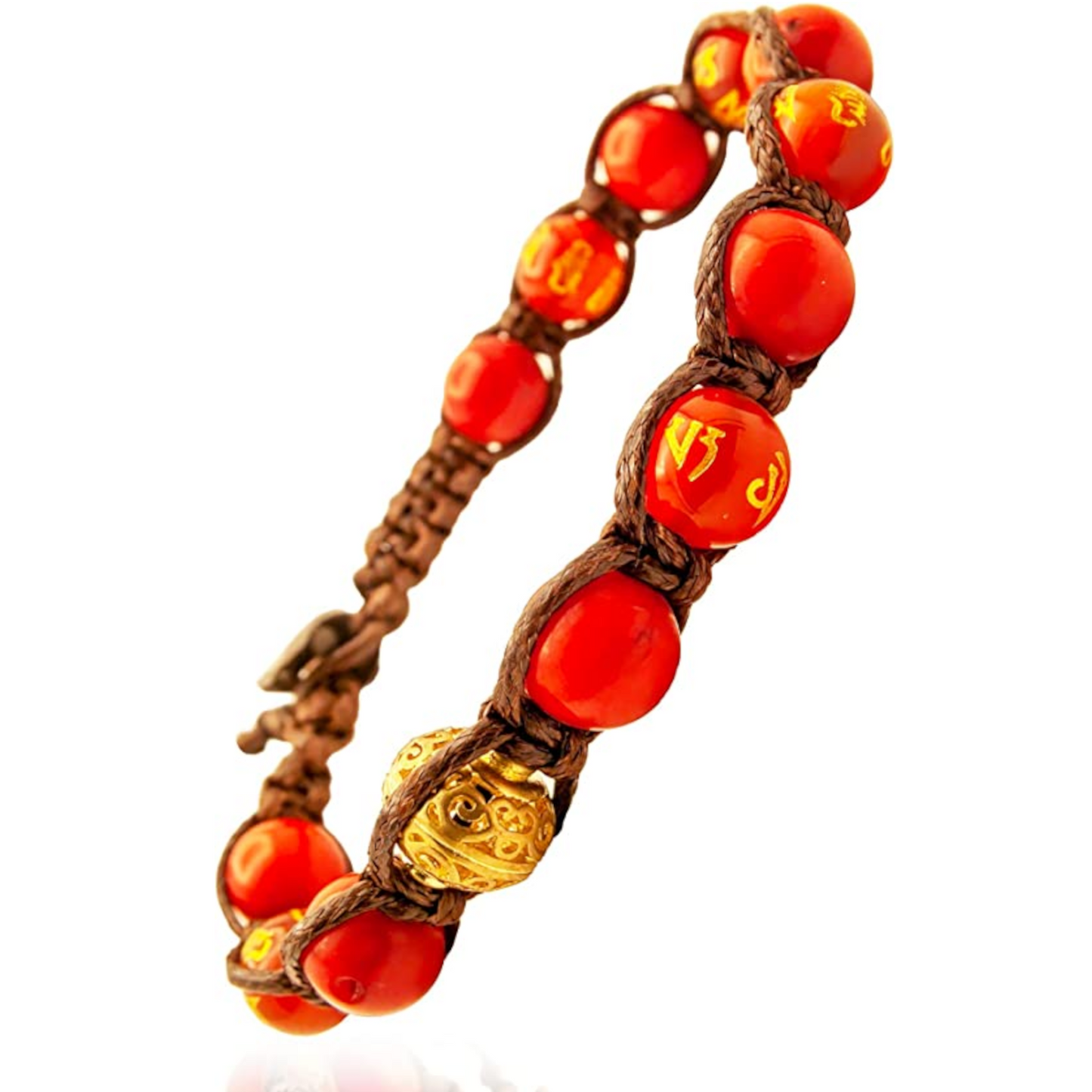 Samsara Buddhist Tibetan bracelet - Shamballa with stones in bamboo coral and red agate with gold mantra - black cotton wire