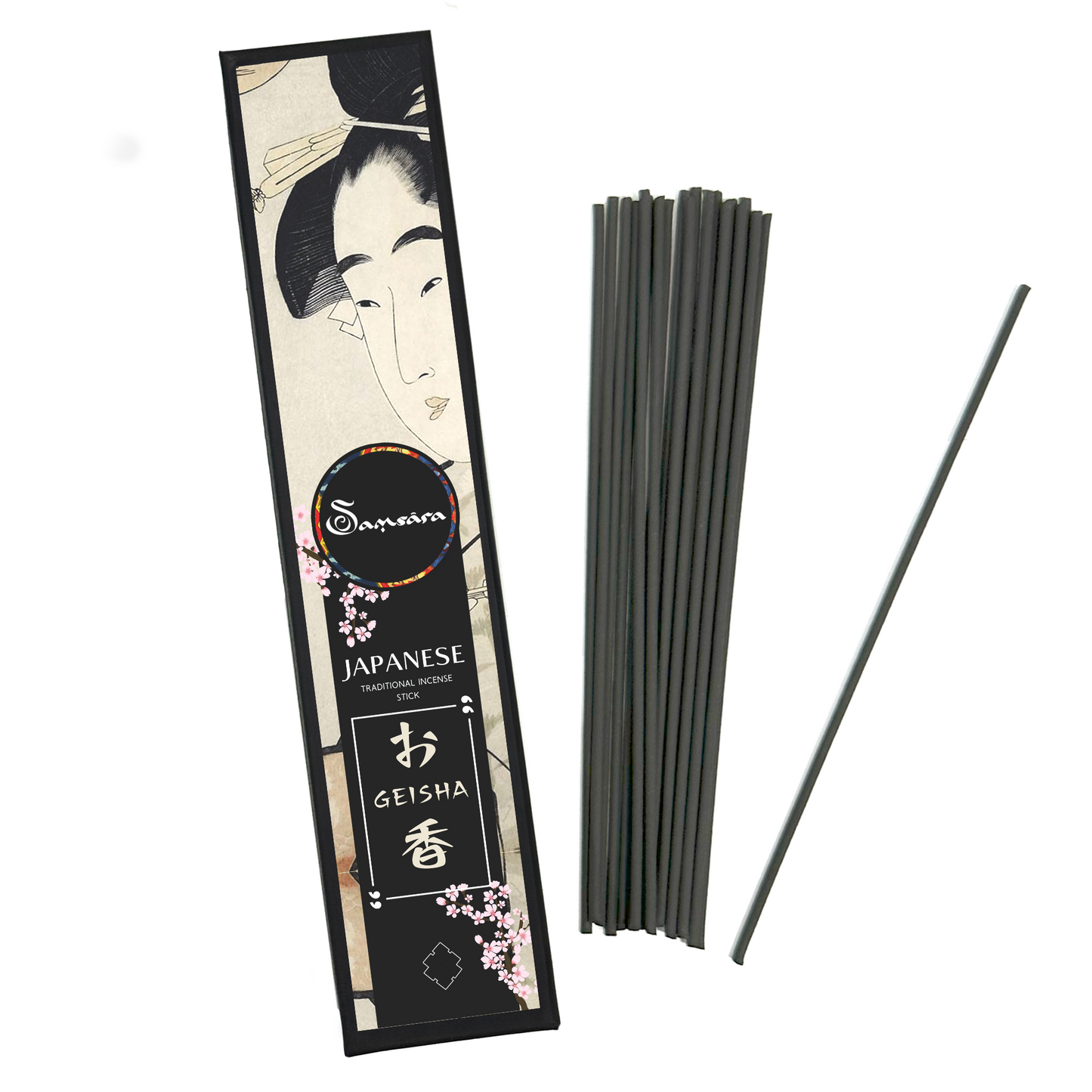 Samsara Incenso Giapponese in Stick senza anima in Legno - Solo Incenso Puro Arrotolato a mano, Aroma delicato e Persistente - 20 bastoncini (Geisha) - SamsaraFragrances