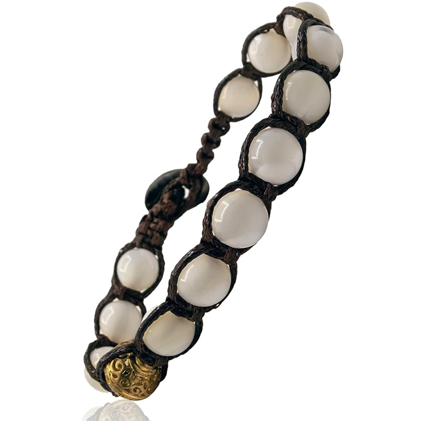 Samsara Buddhist Tibetan bracelet - Shamballa with mother of pearl stone - black cotton wire