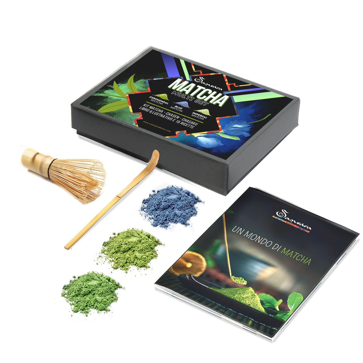 Matcha Te in Polvere, Libro Illustrativo e 15 ricette - Matcha Kit, Matcha Blu, Te Matcha Cerimoniale e Imperiale - 3 Tipologie 10g cad - rituale Giapponese con Chasen e Chasaku