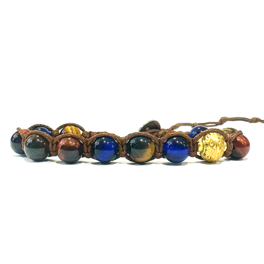 Samsara Bracciale in Occhio di Tigre Multicolor - Shamballa Tibetano Buddista - Filo in Cotone Cerato, Vari colori