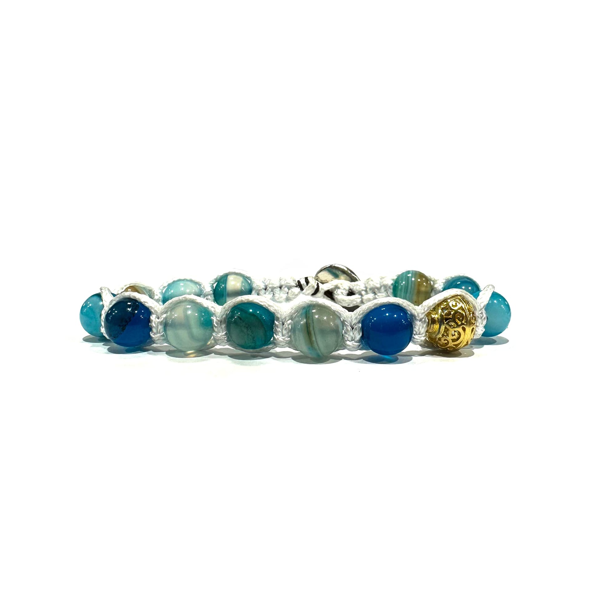 Bracciale Kailash Tibetano Buddista - Bracciale Spirituale Con Agata Blu Striata - Filo in cotone cerato Bianco - SamsaraFragrances