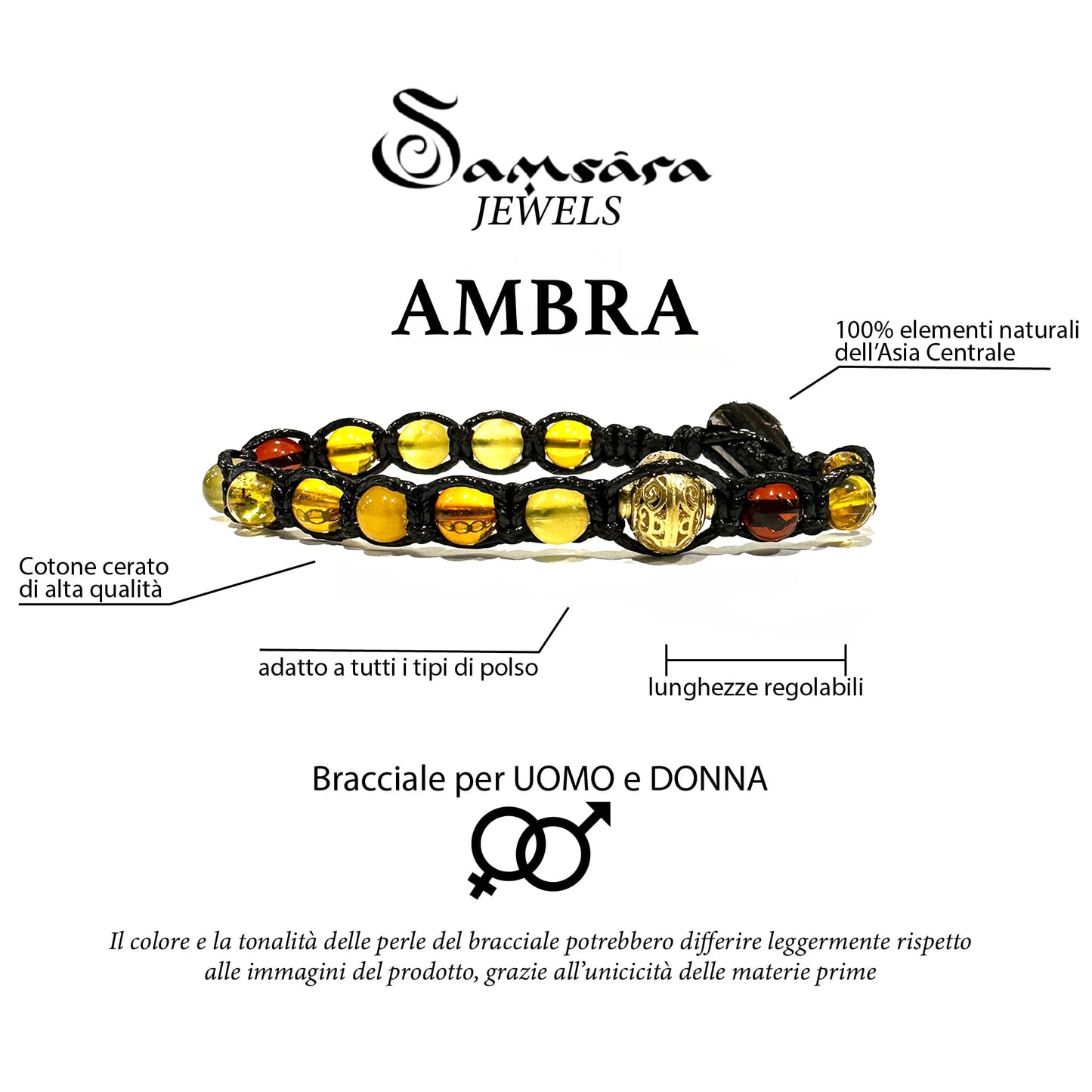 Bracciale Tibetano Buddista in Ambra - Bracciale Terapeutico e Spirituale Benessere Mente e Corpo - Filo in cotone cerato Marrone - SamsaraFragrances