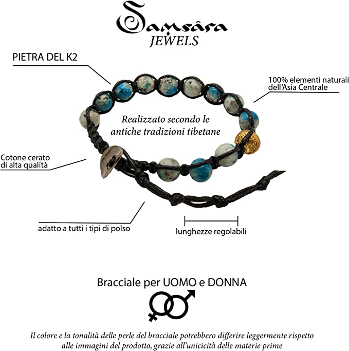 Samsara Bracciale Tibetano Buddista - Shamballa con Azzurrite del K2 - Filo in Cotone Cerato Nero - SamsaraFragrances