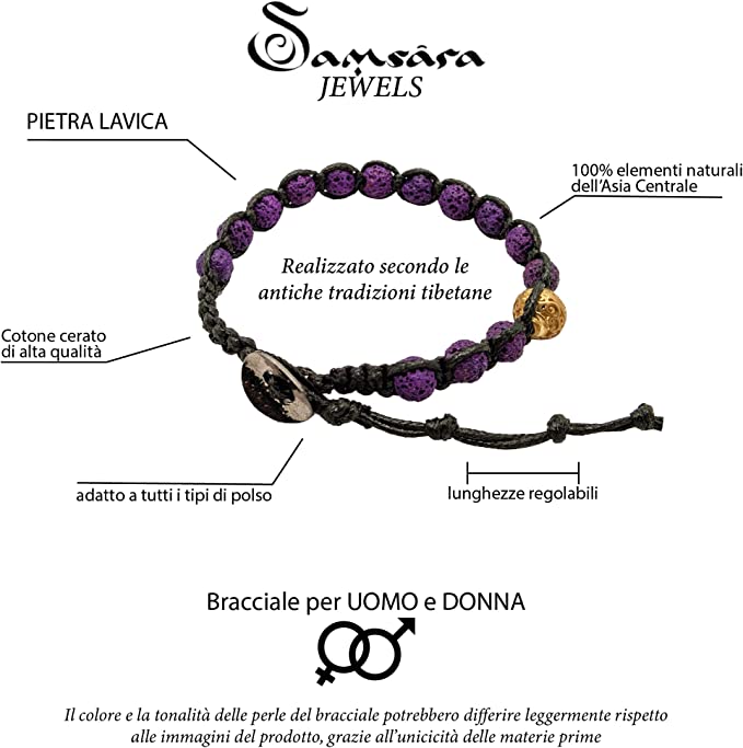 Samsara Bracciale Tibetano Buddista - Shamballa con Pietra Lavica Viola - Filo in Cotone Cerato Nero - SamsaraFragrances