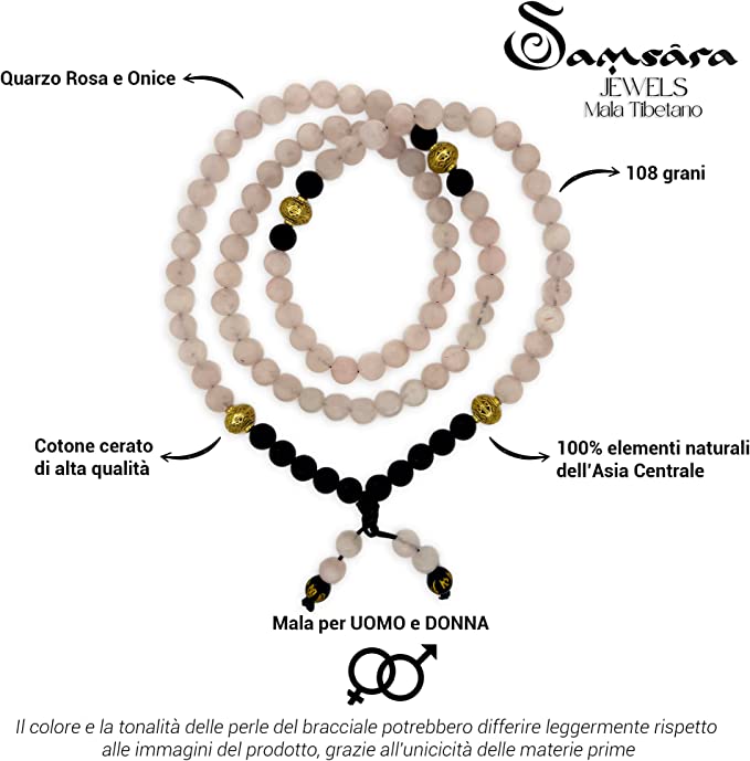 Samsara Collana Tibetana con Quarzo Rosa e Onice Nero - Mala Tibetano con 108 Grani - SamsaraFragrances