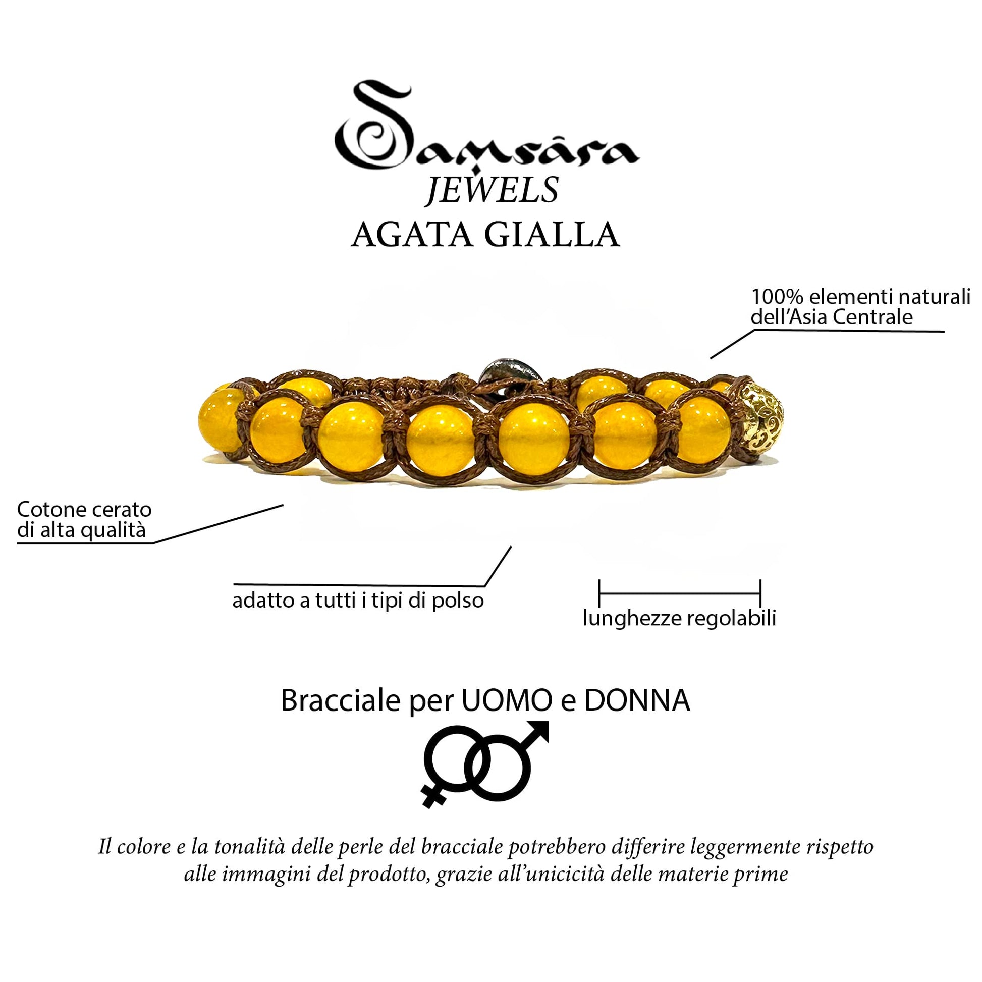 Samsara Bracciale Tibetano Buddista - Shamballa con Agata Gialla - Filo in cotone cerato Nero - SamsaraFragrances