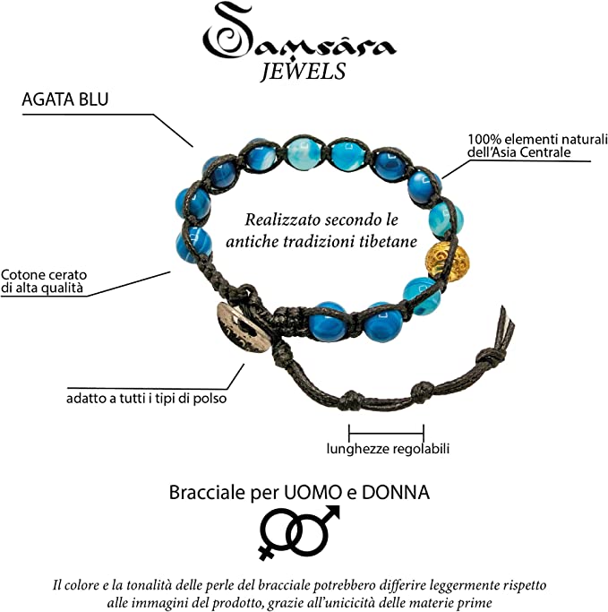 Samsara Bracciale Tibetano Buddista - Shamballa con Pietra in Agata Blu Striata- Filo in Cotone Cerato Nero - SamsaraFragrances