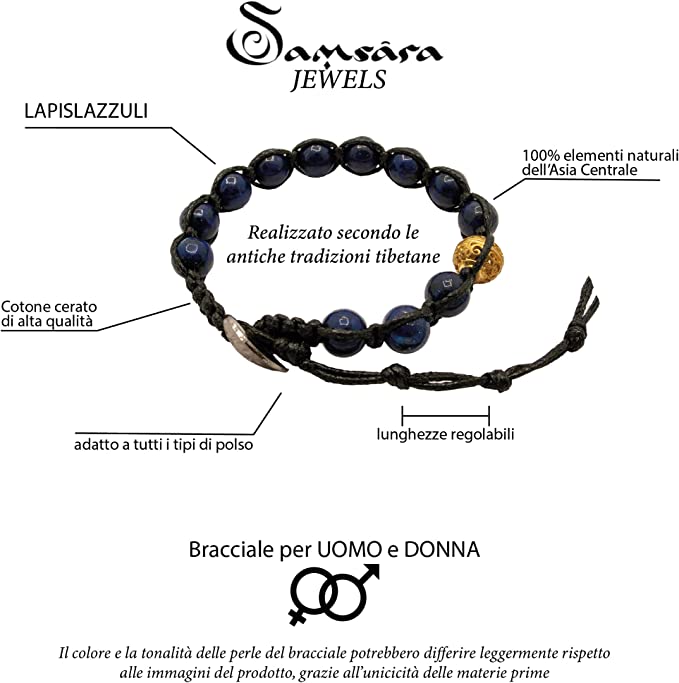 Samsara Bracciale Tibetano Buddista - Shamballa con Lapislazzuli - Filo in Cotone Cerato Nero - SamsaraFragrances