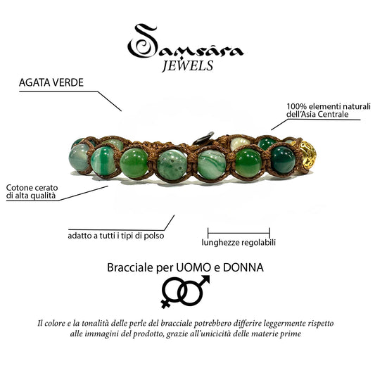 Samsara Bracciale Tibetano Buddista - Shamballa con Agata Verde Striata - Filo in cotone cerato Nero - SamsaraFragrances