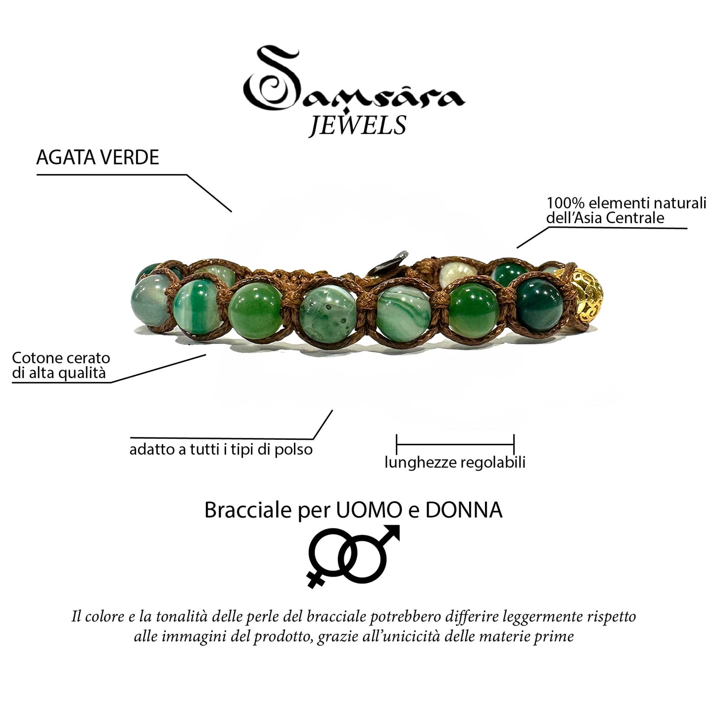 Samsara Bracciale Tibetano Buddista - Shamballa con Agata Verde Striata - Filo in cotone cerato Nero - SamsaraFragrances