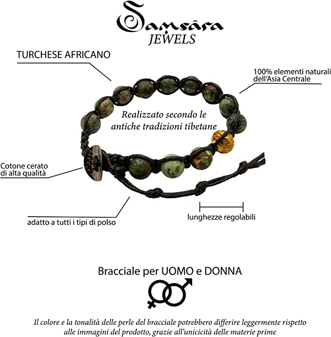 Tamashii Bracciale Originale Tibetano Con Pietra Turchese Naturale 8 Mm E Cordoncino Nero – Unisex, Regolabile, Benedetto Dai Monaci