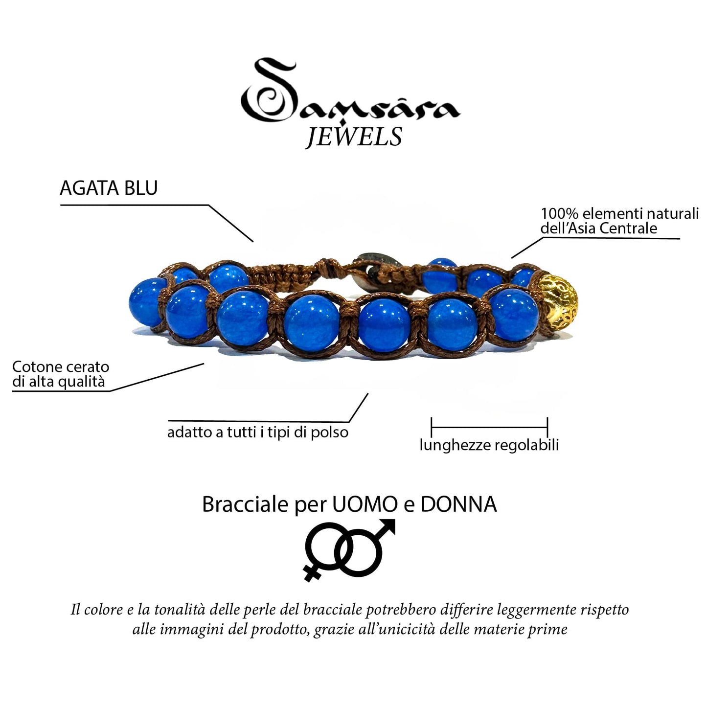 Samsara Bracciale Tibetano Buddista - Shamballa con Agata Blu - Filo in cotone cerato Nero - SamsaraFragrances