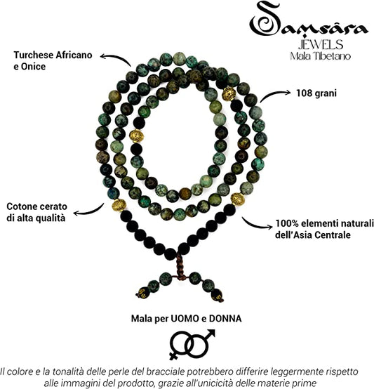 Samsara Collana Tibetana con Turchese Africano e Onice Nero - Mala Tibetano con 108 Grani - SamsaraFragrances