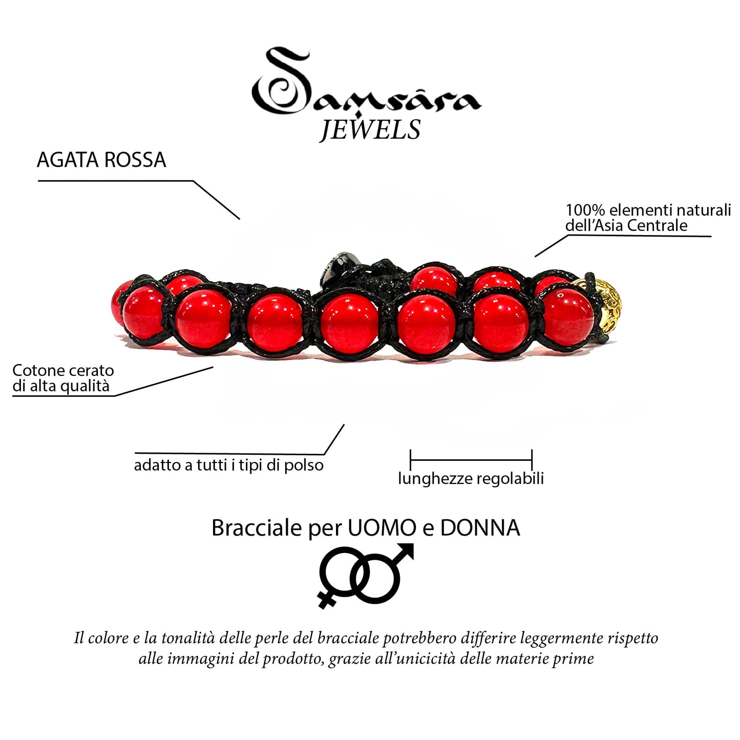 Samsara Bracciale Tibetano Buddista - Shamballa con Agata Rossa - Filo in cotone cerato Marrone - SamsaraFragrances