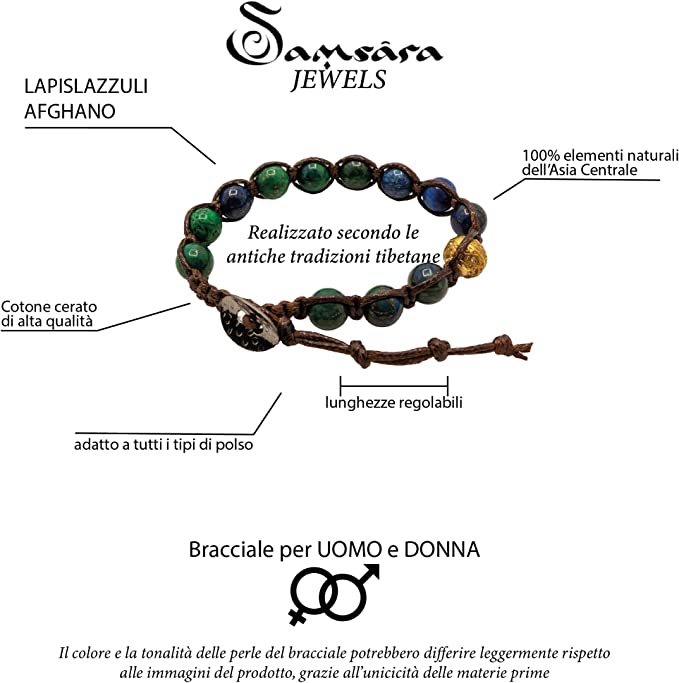 Samsara Bracciale Tibetano Buddista - Shamballa con Lapislazzuli Afgano - Filo in Cotone Cerato Marrone - SamsaraFragrances