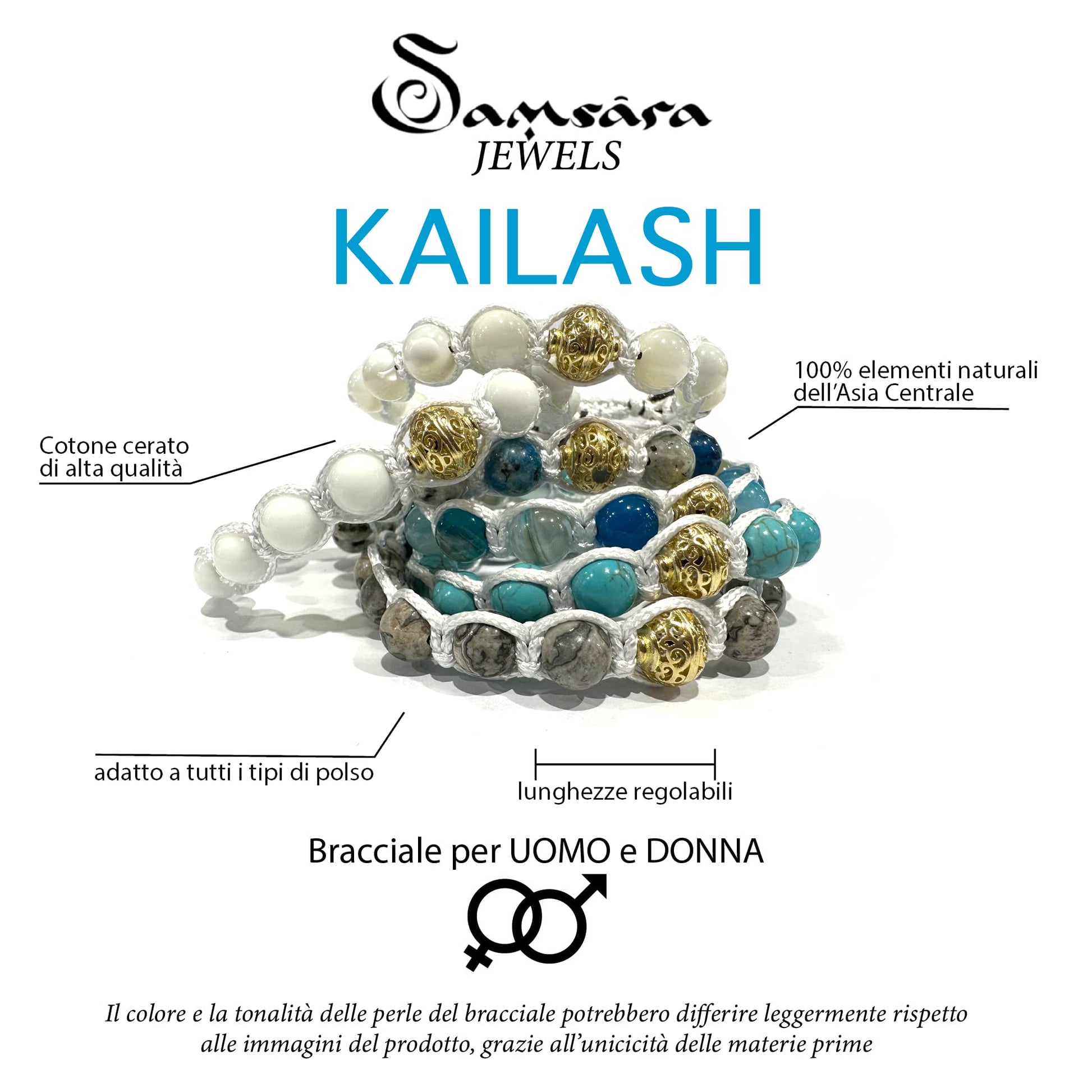 Bracciale Kailash Tibetano Buddista - Bracciale Spirituale Con Pietra del K2 - Filo in cotone cerato Bianco - SamsaraFragrances