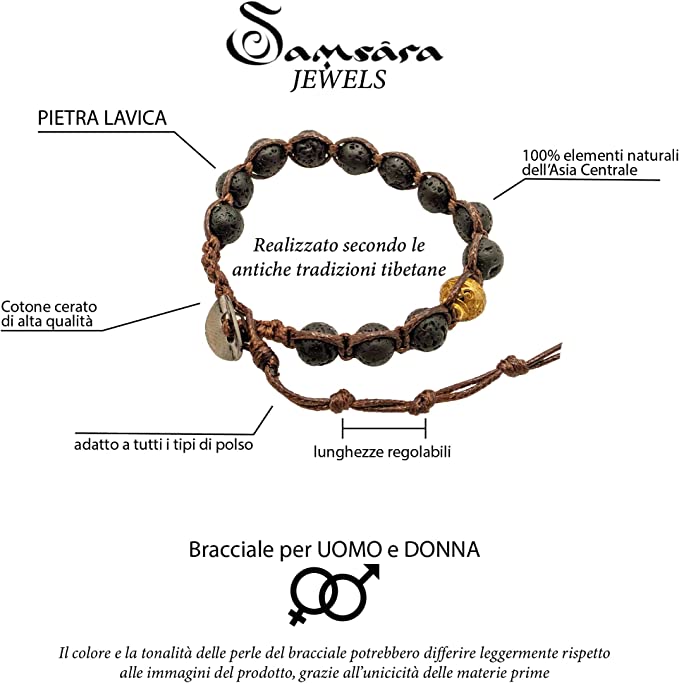 Samsara Bracciale Tibetano Buddista - Shamballa con Pietra in Lava Nera - Filo in Cotone Cerato Marrone - SamsaraFragrances