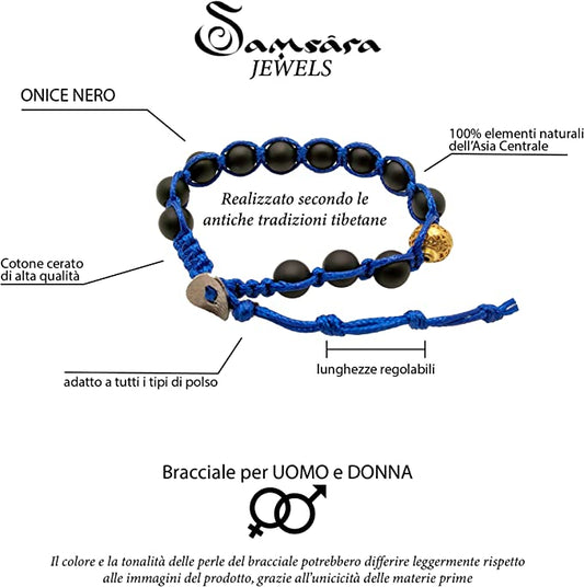 Samsara Bracciale Tibetano Buddista - Shamballa con Pietra in Onice Nero Opaco - Filo in Cotone Cerato Blu - SamsaraFragrances