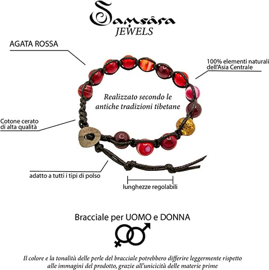 Samsara Bracciale Tibetano Buddista - Shamballa con Pietra in Agata Rossa Striata - Filo in Cotone Cerato Nero - SamsaraFragrances