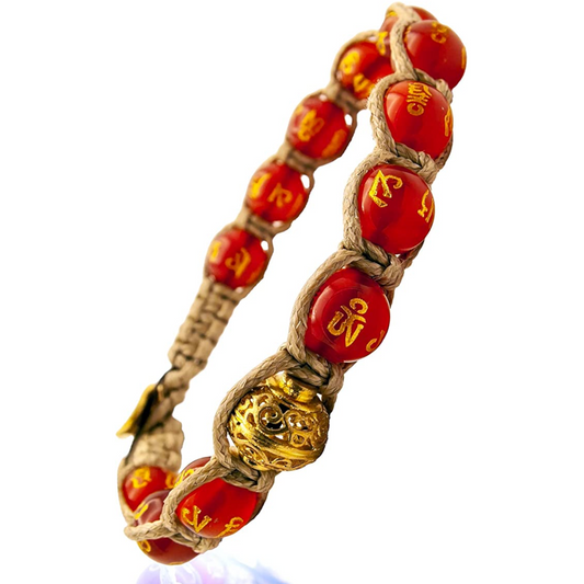 Samsara Bracciale Tibetano Buddista - Shamballa con Pietra Agata Rossa e Mantra Oro - Filo in Cotone Cerato Sabbia - SamsaraFragrances