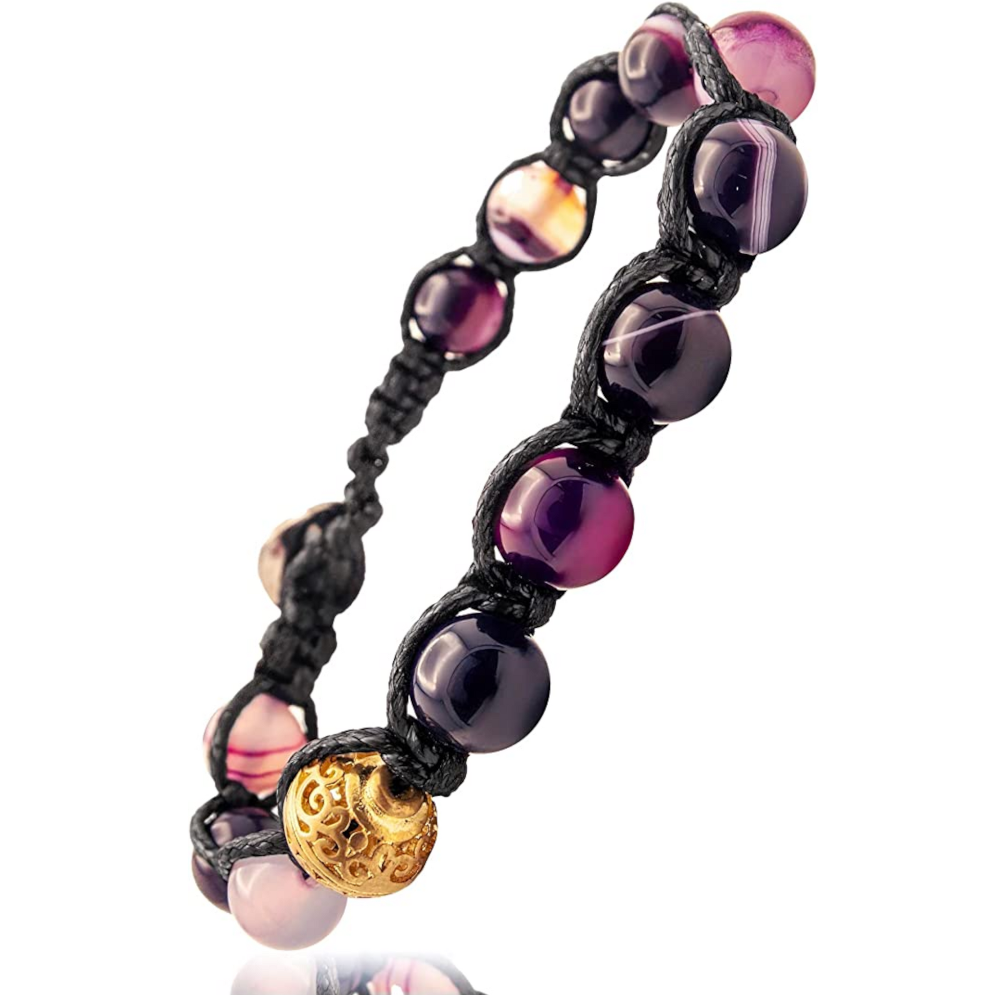 Samsara Bracciale Tibetano Buddista - Shamballa con Pietra in Agata Viola Striata - Filo in Cotone Cerato Nero - SamsaraFragrances