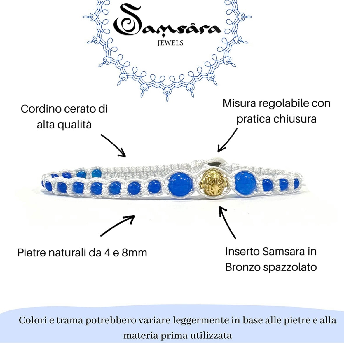 Samsara Cavigliera tibetana Shamballa con pietre - AGATA BLU STRIATA - SamsaraFragrances