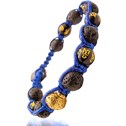 Samsara Bracciale Tibetano Buddista - Shamballa con Pietra Lava Nera e Onice con Mantra - Filo in Cotone Cerato Blu - SamsaraFragrances