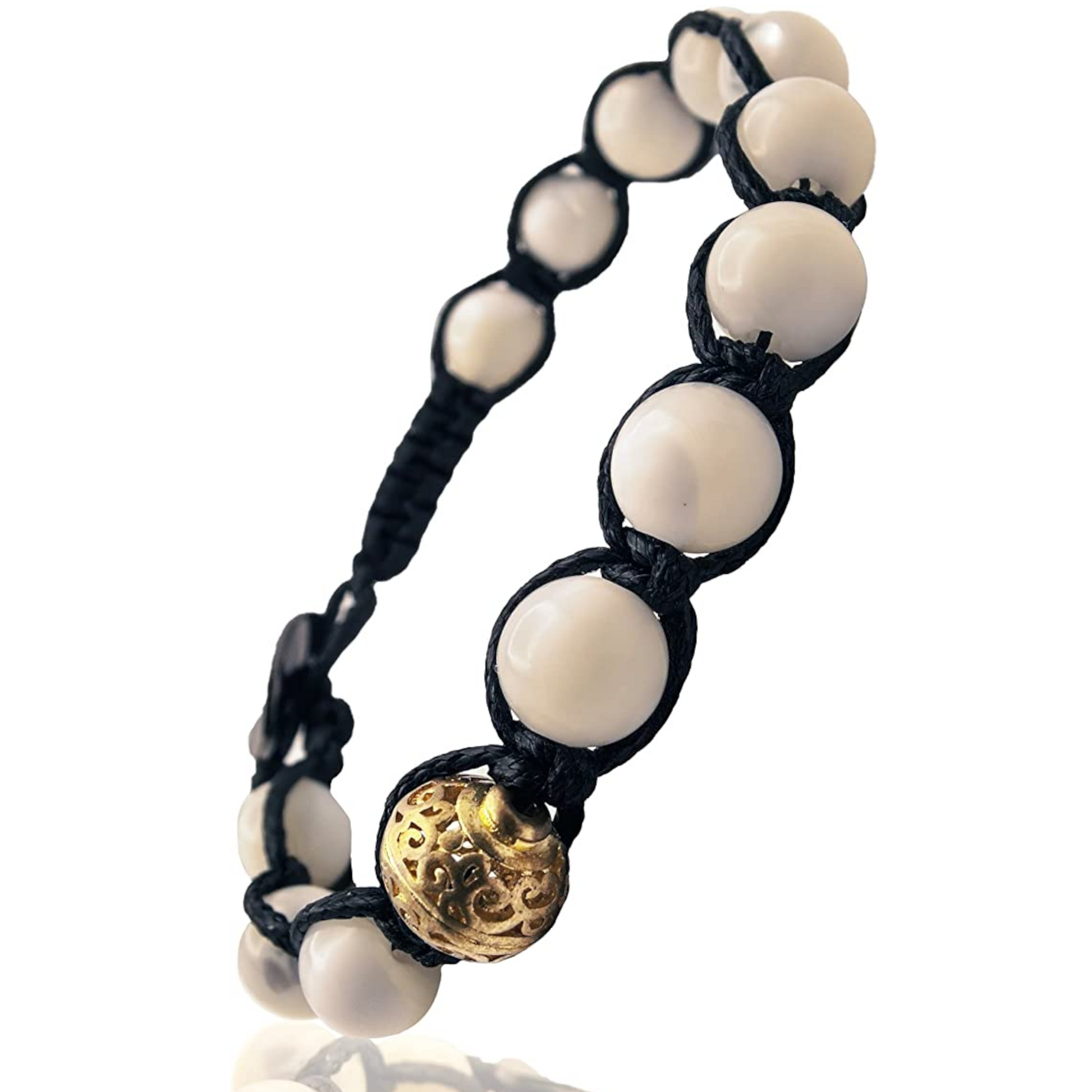 Samsara Bracciale Tibetano Buddista - Shamballa con Pietra in Madreperla - Filo in Cotone Cerato Nero - SamsaraFragrances