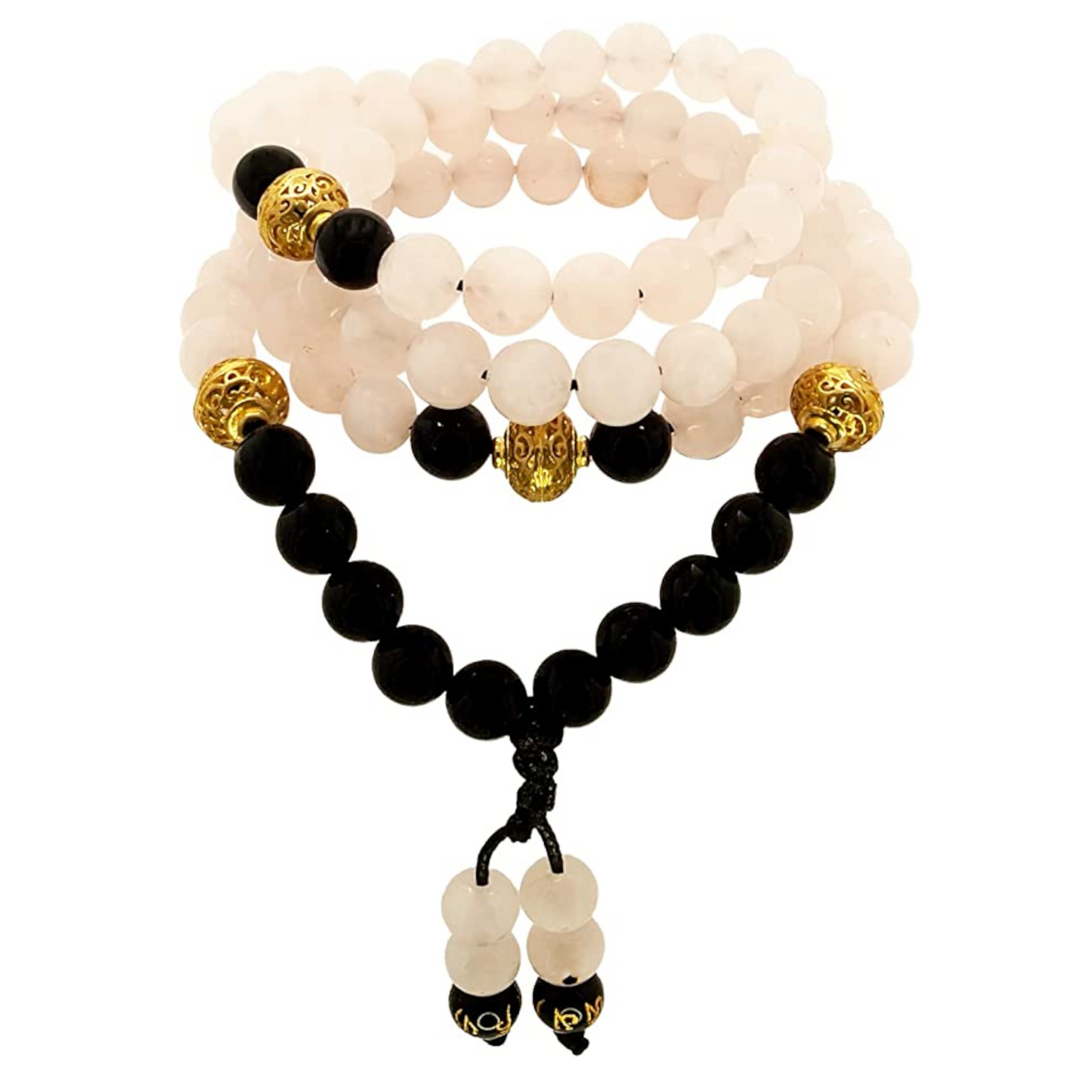 Samsara Collana Tibetana con Quarzo Rosa e Onice Nero - Mala Tibetano con 108 Grani - SamsaraFragrances