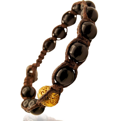 Samsara Bracciale Tibetano Buddista - Shamballa con Pietra in Onice Nero Lucido - Filo in Cotone Cerato Marrone - SamsaraFragrances