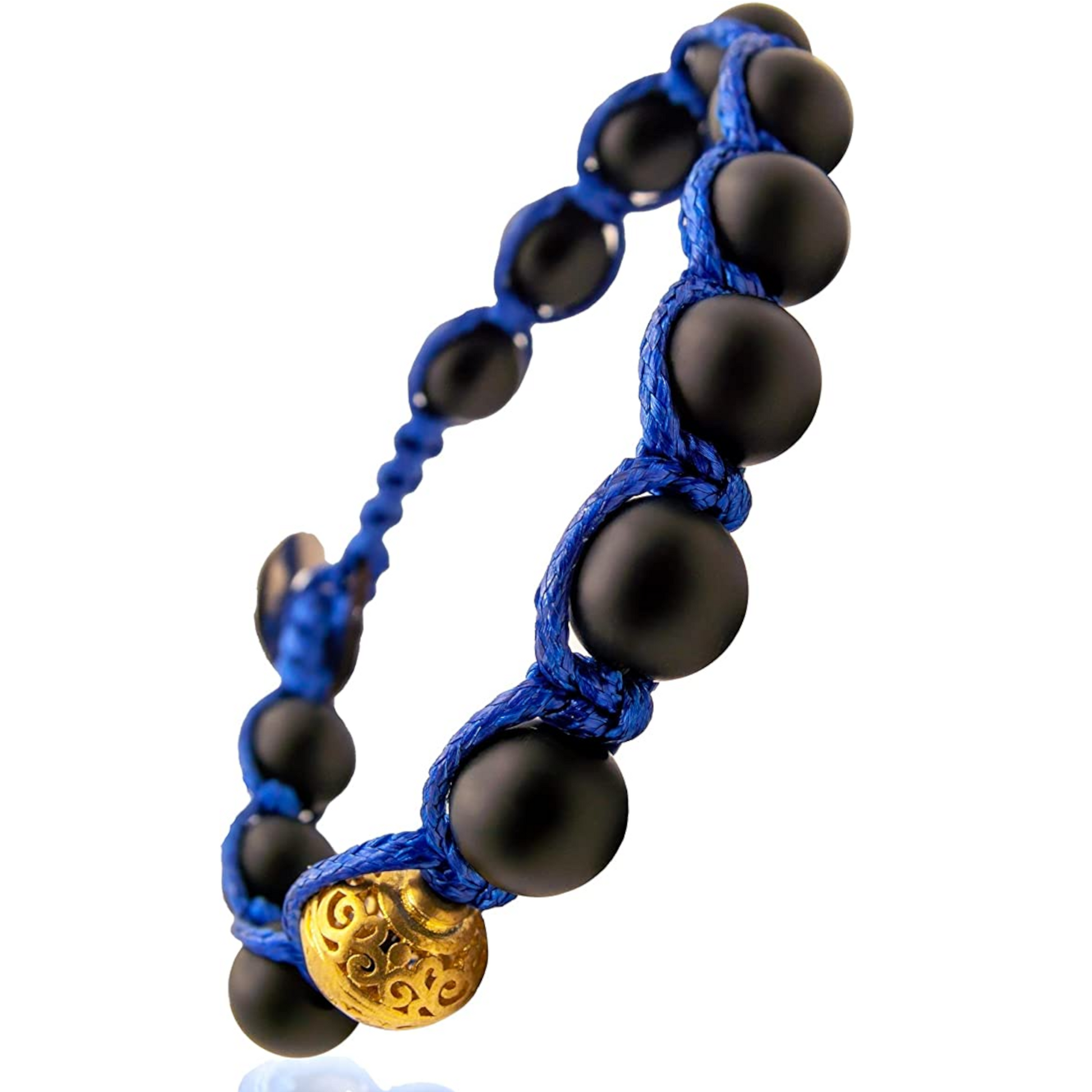 Samsara Bracciale Tibetano Buddista - Shamballa con Pietra in Onice Nero Opaco - Filo in Cotone Cerato Blu - SamsaraFragrances