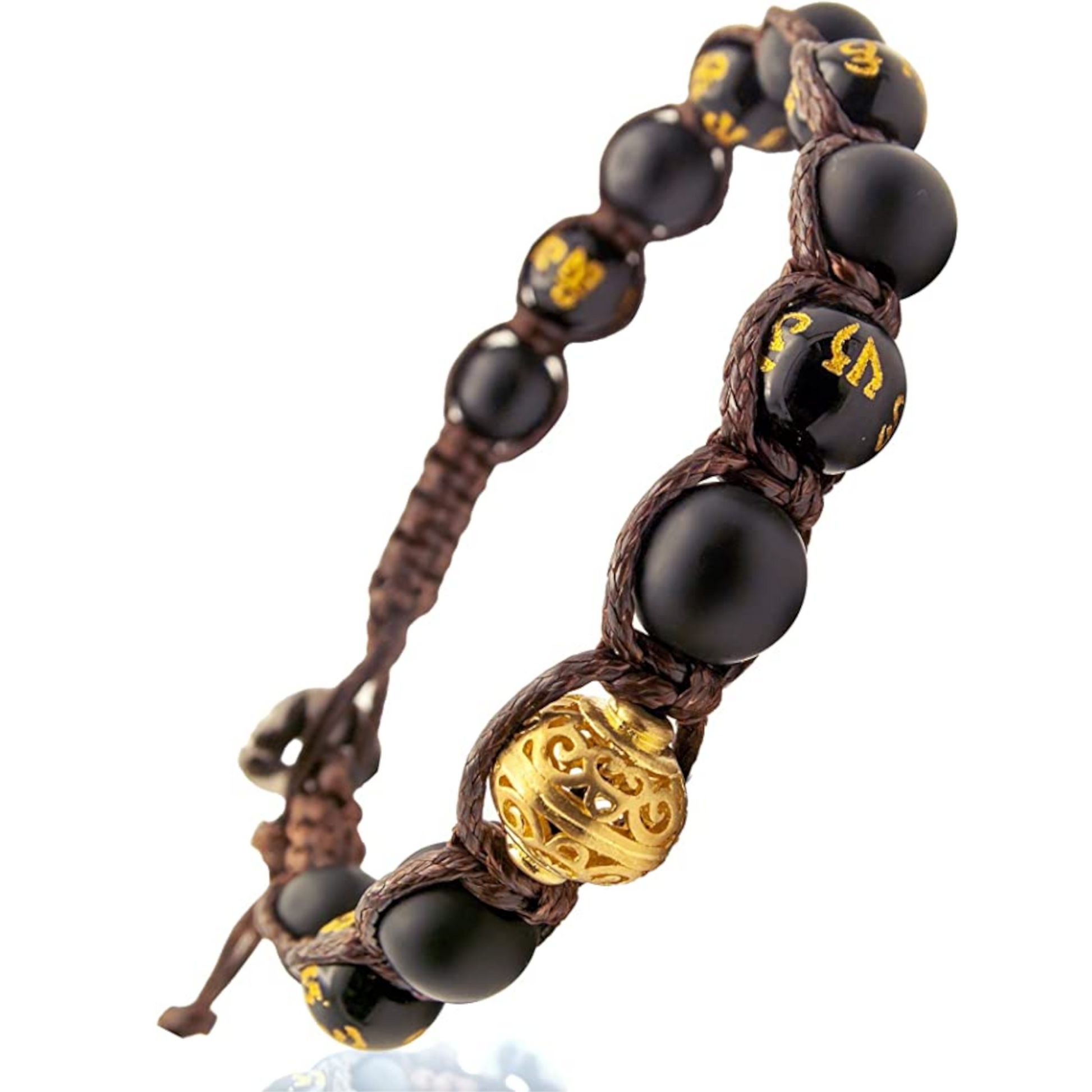 Samsara Bracciale Tibetano Buddista - Shamballa con Onice Opaco e Onice Lucido con Mantra - Filo in Cotone Cerato Marrone - SamsaraFragrances